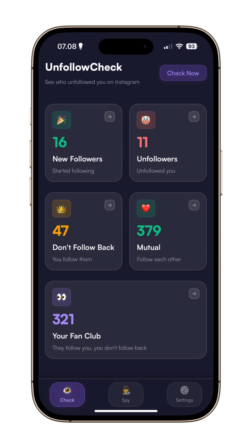 UnfollowCheck App Screen 1