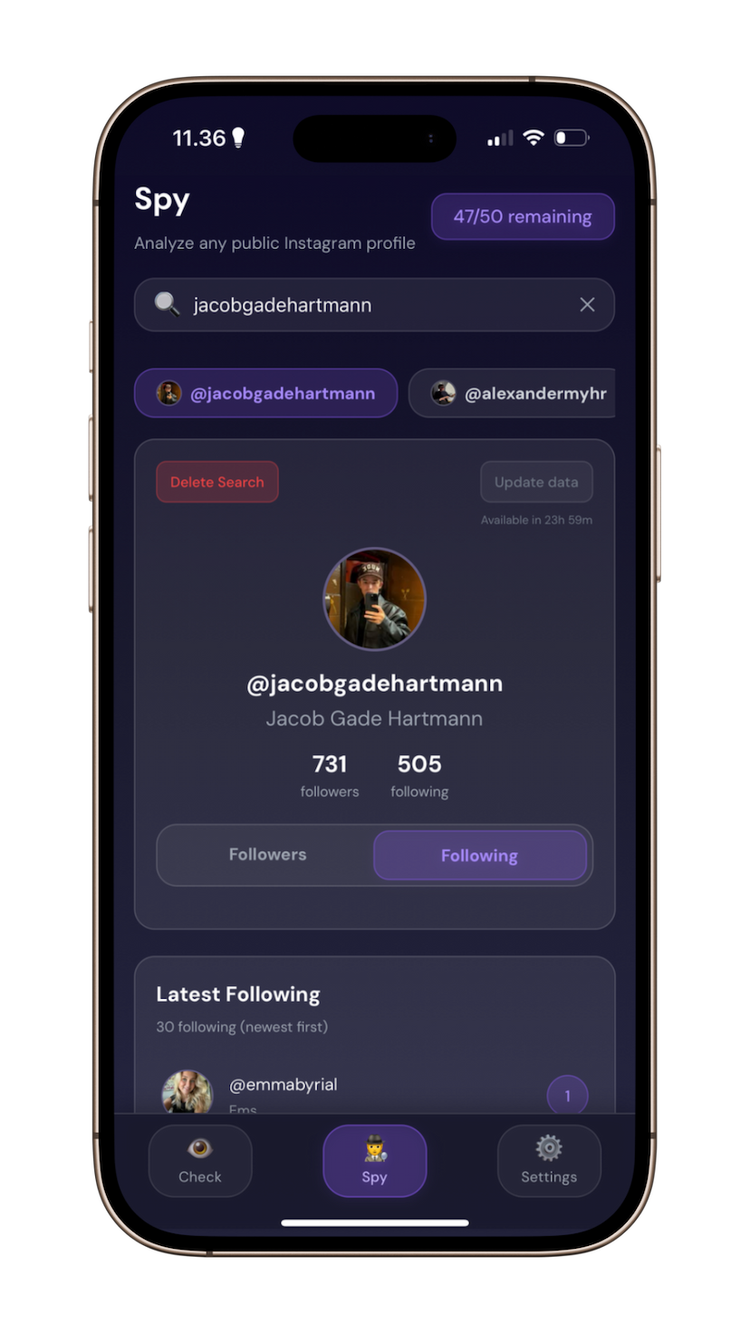UnfollowCheck spy feature showing who someone follows