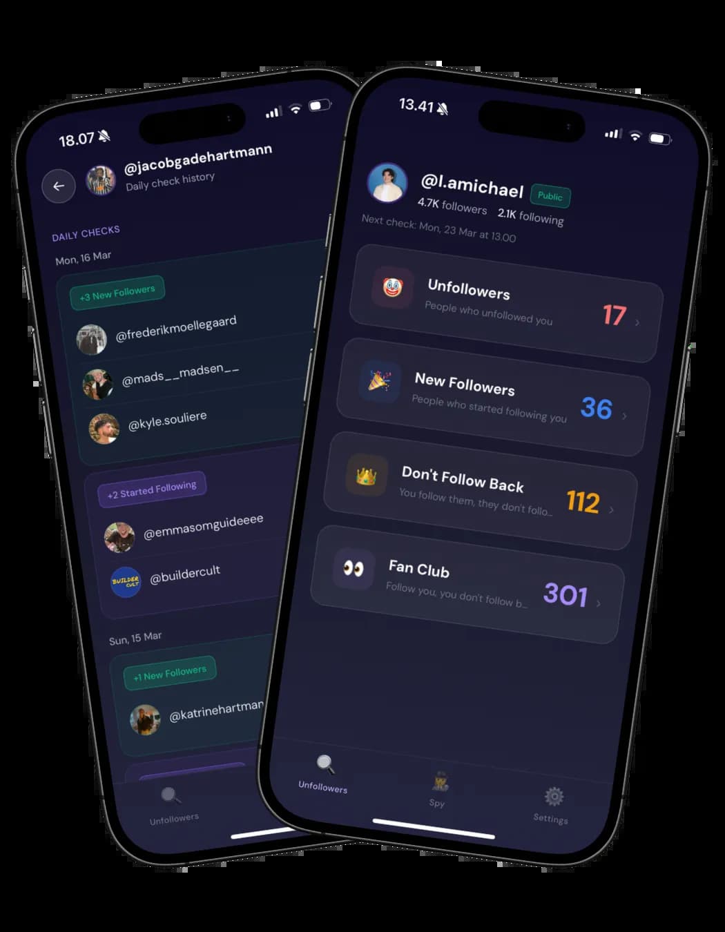 UnfollowCheck app showing unfollowers dashboard and watchlist