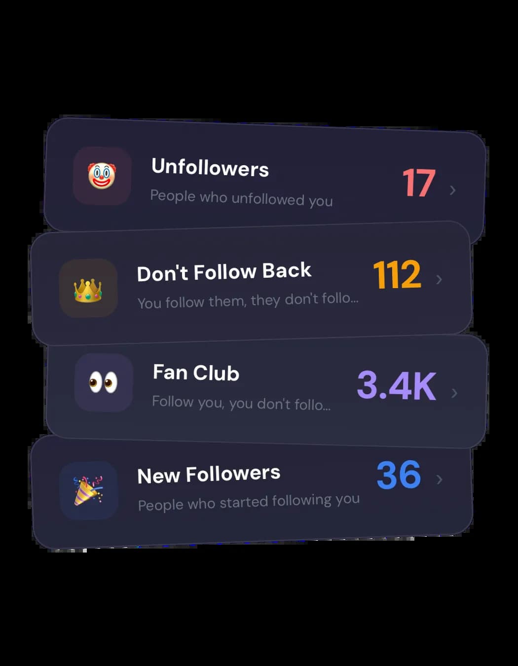 Unfollowers, Don't Follow Back, Fan Club, and New Followers cards