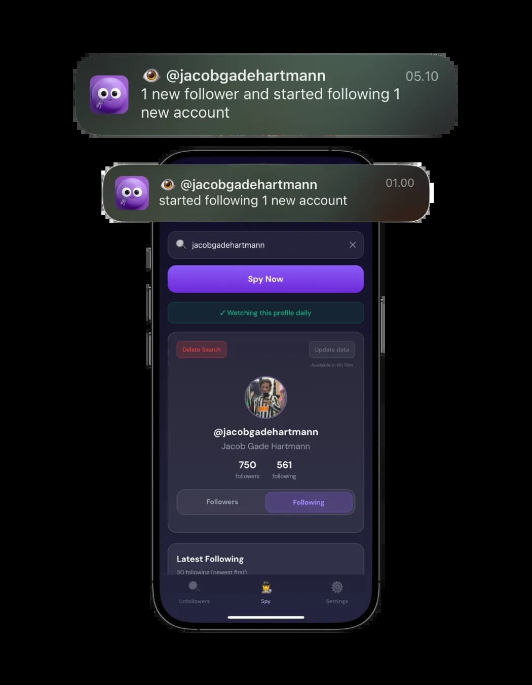 Spy feature with search and push notifications
